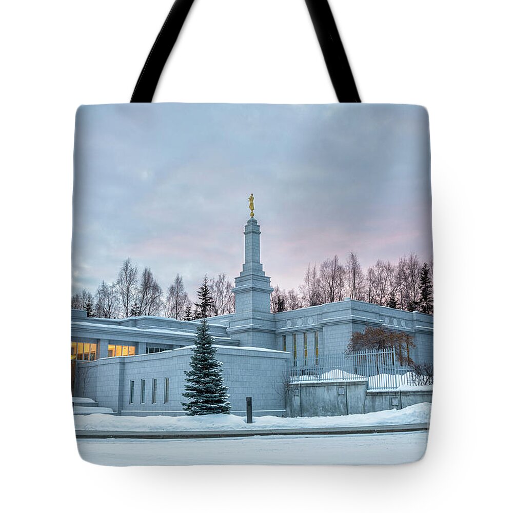 Lds Tote Bag featuring the photograph Pastel Sunrise - Anchorage Alaska Temple by Bret Barton