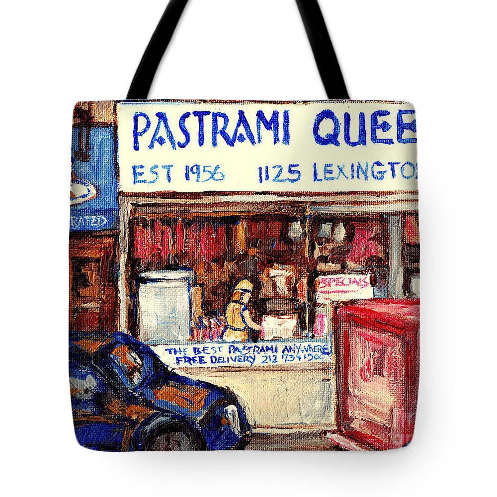 Pastrami Queen Kosher Deli Lexington Avenue Nyc Street Scene Paintings  American Stores C Spandau Art Tote Bag