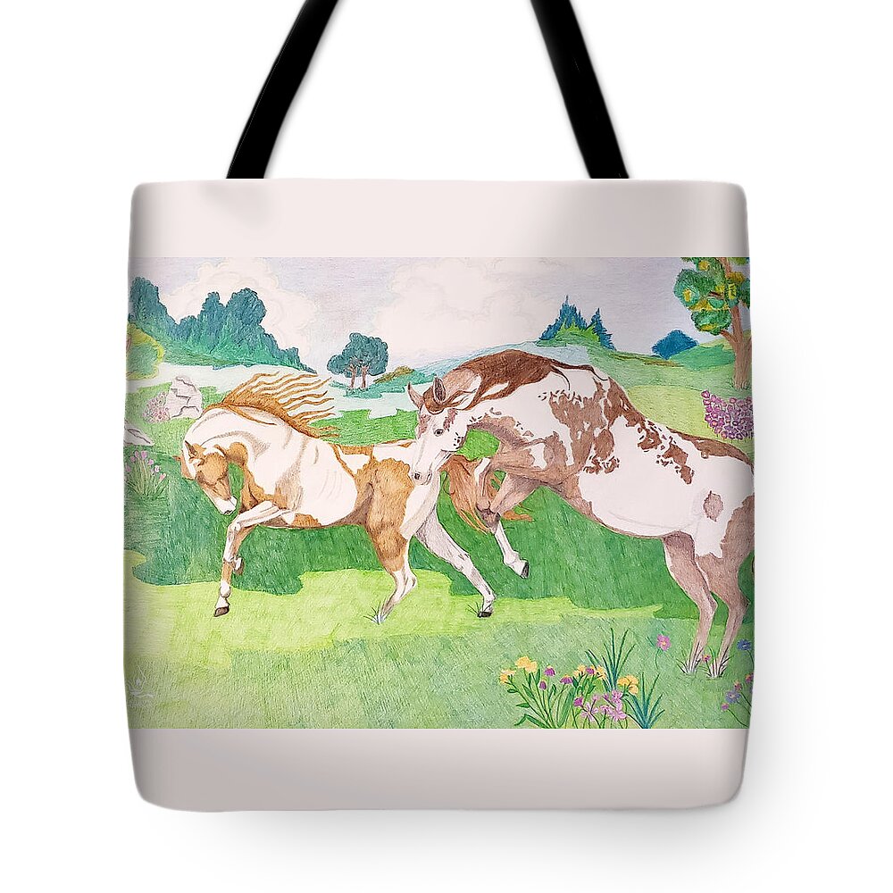 Horse Artist Tote Bag featuring the drawing Pasture Friends by Equus Artisan