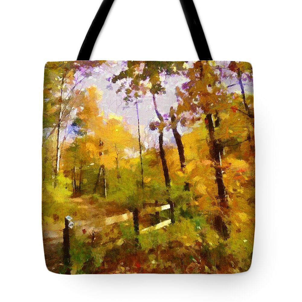 Autumn Tote Bag featuring the mixed media Path into November by Christopher Reed