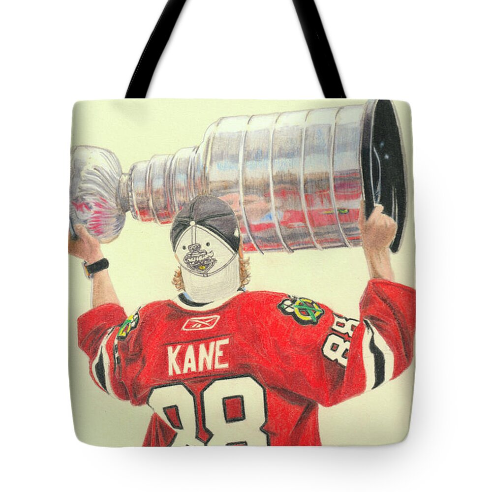 Patrick Kane Tote Bag featuring the drawing Patrick Kane - Stanley Cup Champion by Melissa Jacobsen