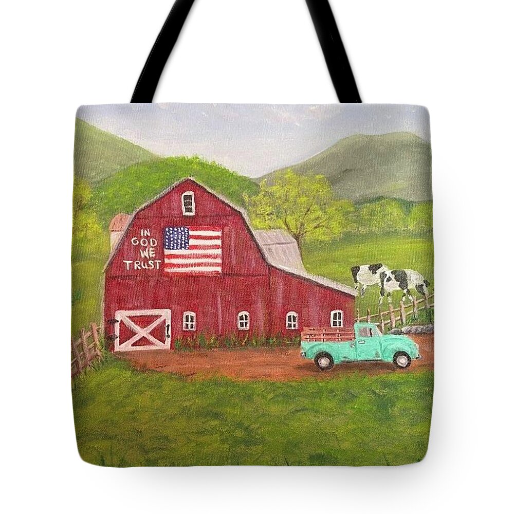 Barn Tote Bag featuring the painting Patriotic Barn by Nancy Sisco