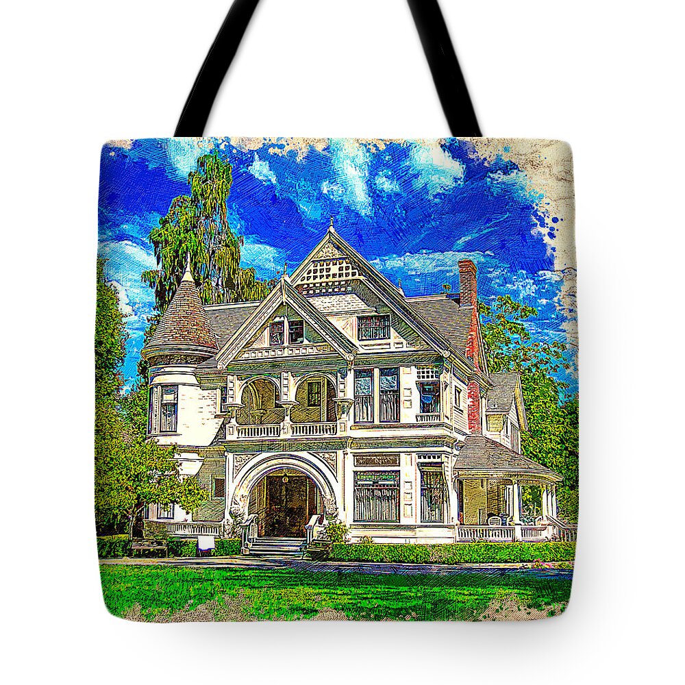 Ardenwood Historic Farm Tote Bag featuring the digital art Patterson House of the Ardenwood Historic Farm in Fremont, California - colored drawing by Nicko Prints