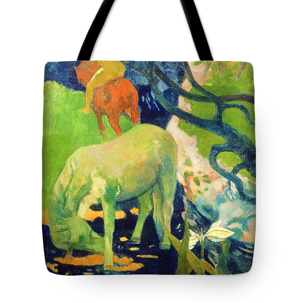 The White Horse Tote Bag featuring the painting Paul Gauguin - The White Horse by Alexandra Arts