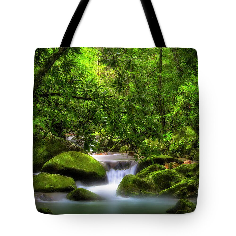 Waterfall Tote Bag featuring the photograph Peaceful Cascades in the Forest by Shelia Hunt