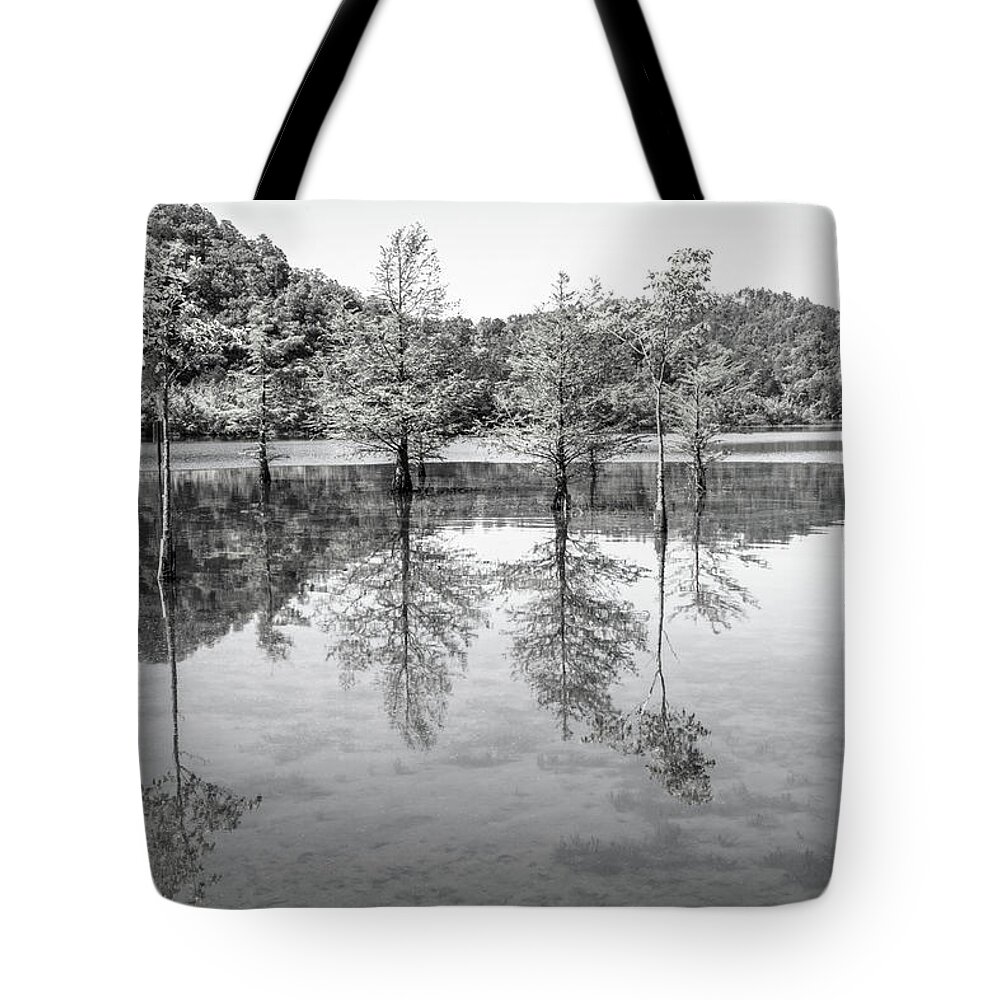 Carolina Tote Bag featuring the photograph Peaceful Cypress Reflections in Black and White by Debra and Dave Vanderlaan