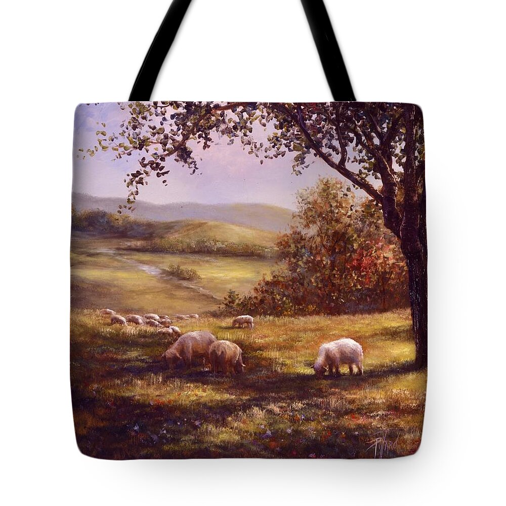 Country Landscape Tote Bag featuring the painting Peaceful Pasture by Lynne Pittard