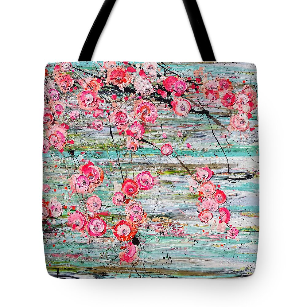 Flowers Tote Bag featuring the painting Peach Blossons on Water by Angie Wright