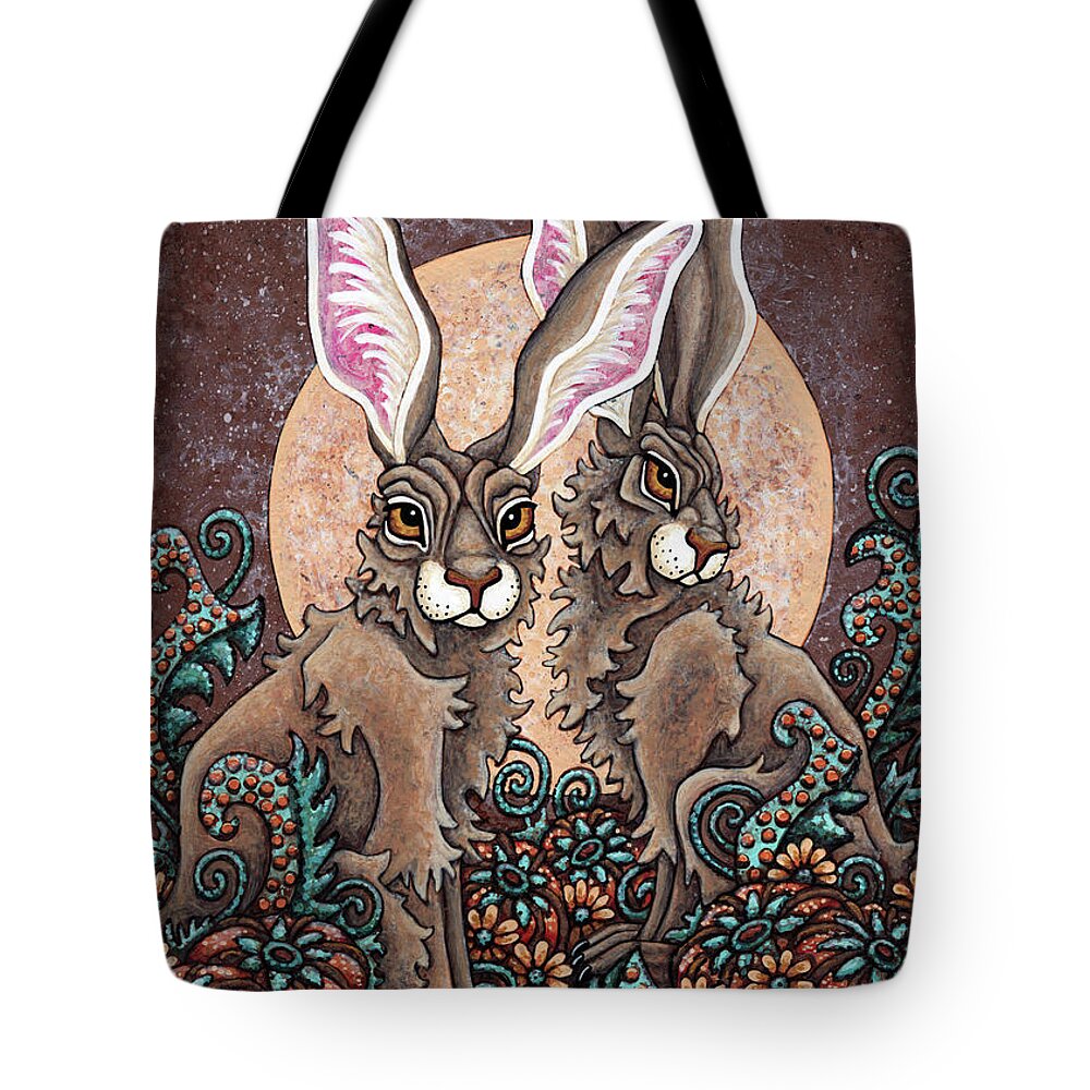 Hare Tote Bag featuring the painting Peach Moon Provocateurs by Amy E Fraser