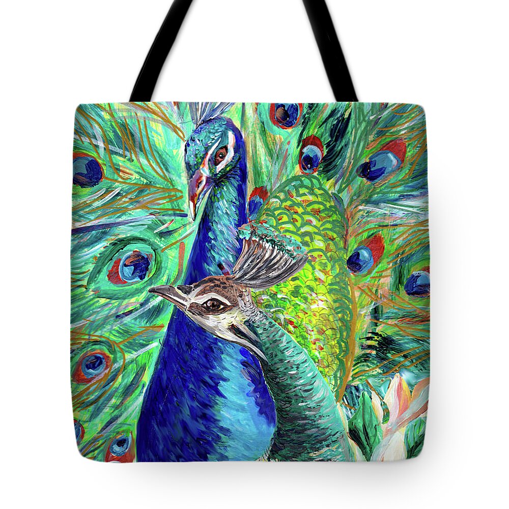 Peacock Tote Bag featuring the painting Peacock and hen by Sarabjit Singh