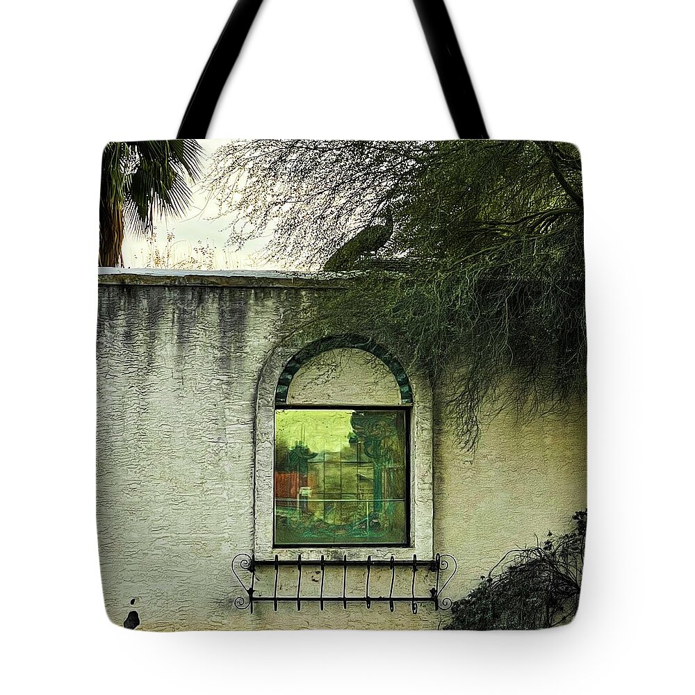 Peacock Tote Bag featuring the photograph Peacock at the Haunted Ranch by Grey Coopre