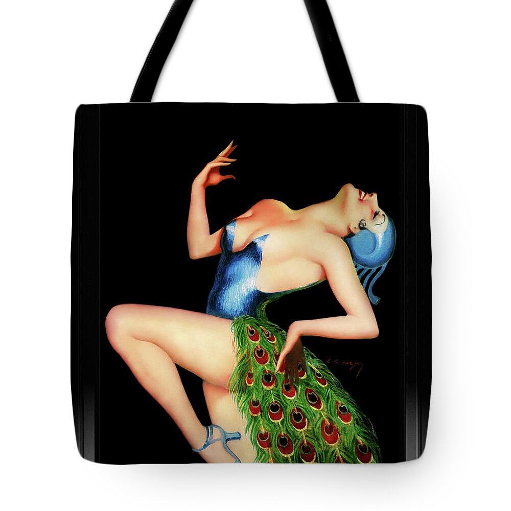 Peacock Dancer Tote Bag featuring the painting Peacock Dancer by Earle Kulp Bergey Vintage Art Reproduction by Rolando Burbon
