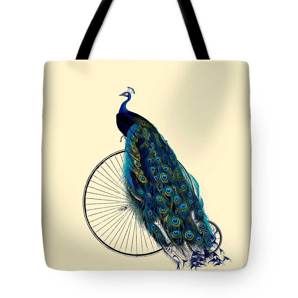 Regal Tote Bag featuring the digital art Peacock On A Bicycle, Home Decor by Madame Memento