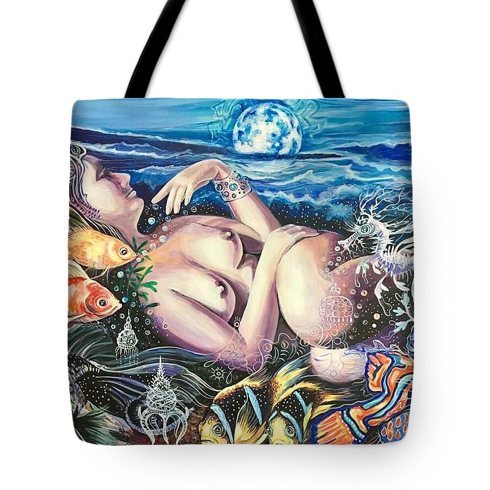 Moon Tote Bag featuring the painting PEARL and SEA DRAGON by Yelena Tylkina