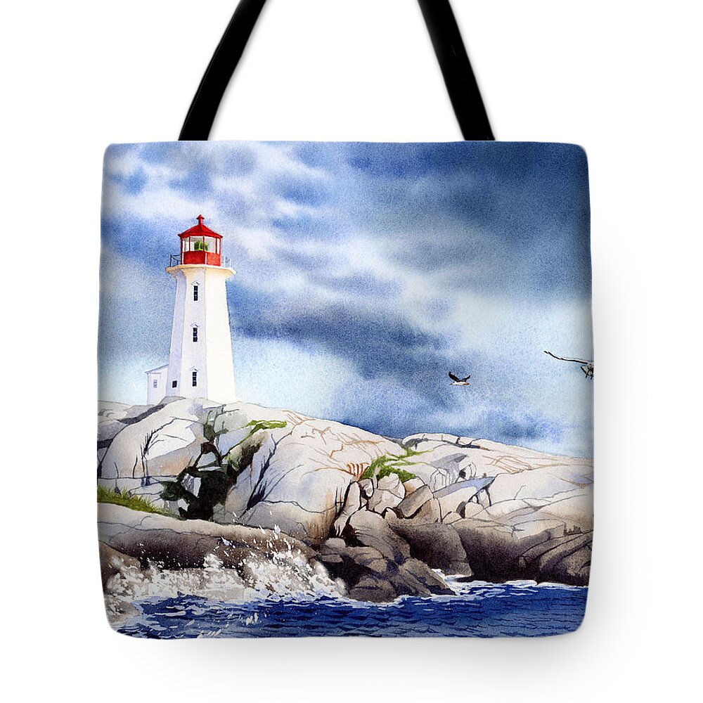 Peggy's Cove Lighthouse Tote Bag featuring the painting Peggy's Cove Lighthouse by Espero Art