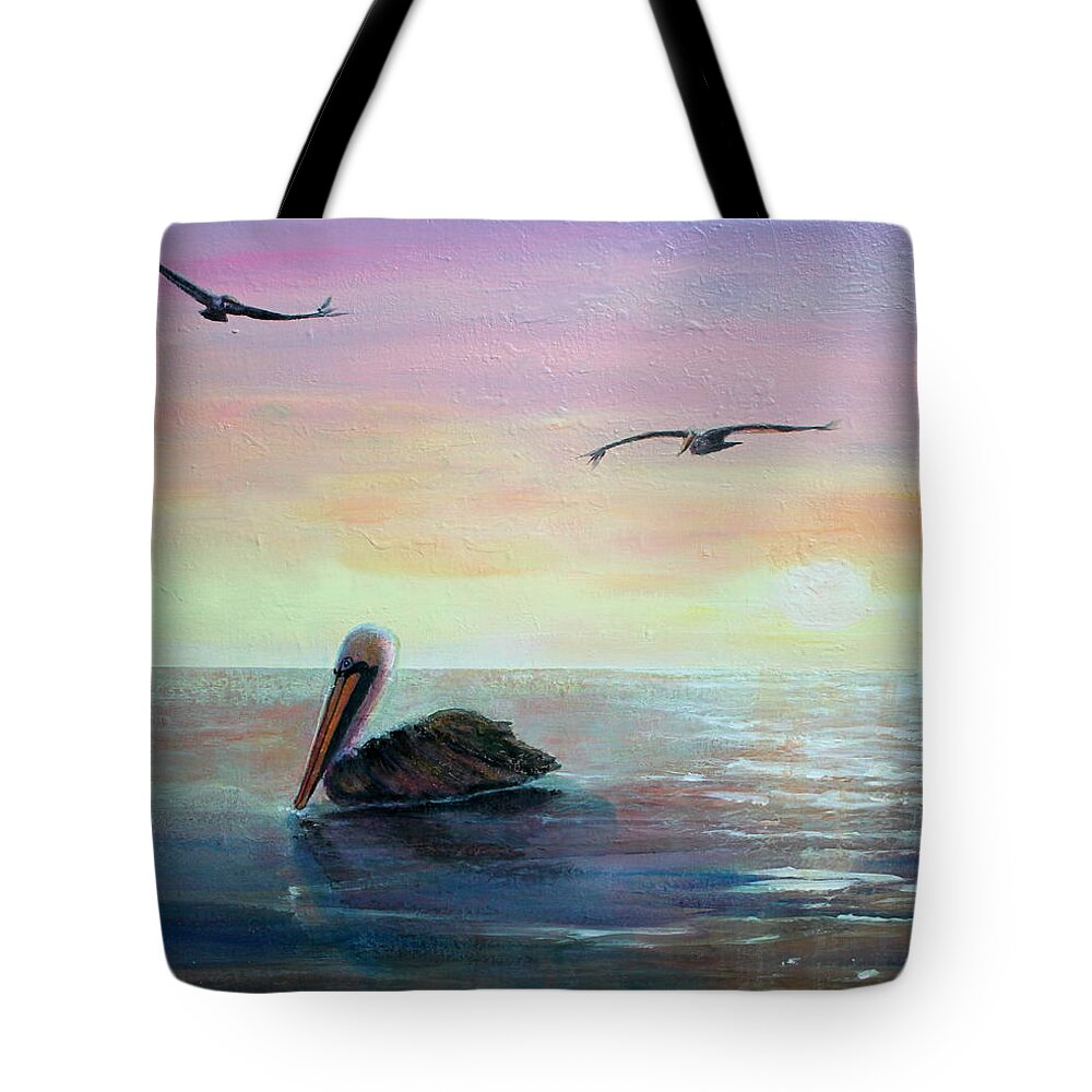 Pelicans Tote Bag featuring the painting Pelican beach by Ruth Kamenev