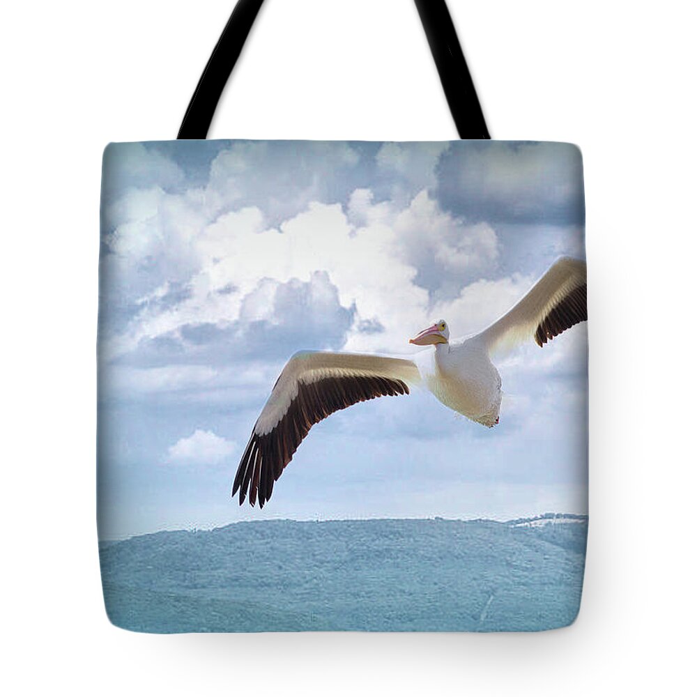 American White Pelican Tote Bag featuring the photograph Pelican In Flight by Annette Hugen