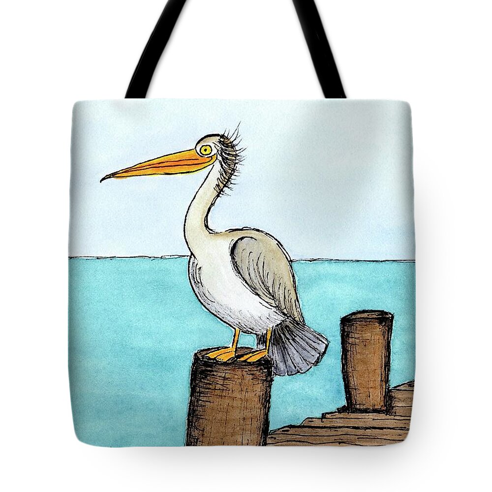 Coastal Bird Tote Bag featuring the painting Pelican Perched on Pier by Donna Mibus