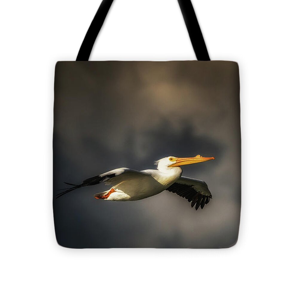Animal Tote Bag featuring the photograph Pelican Sunset Flight by Framing Places
