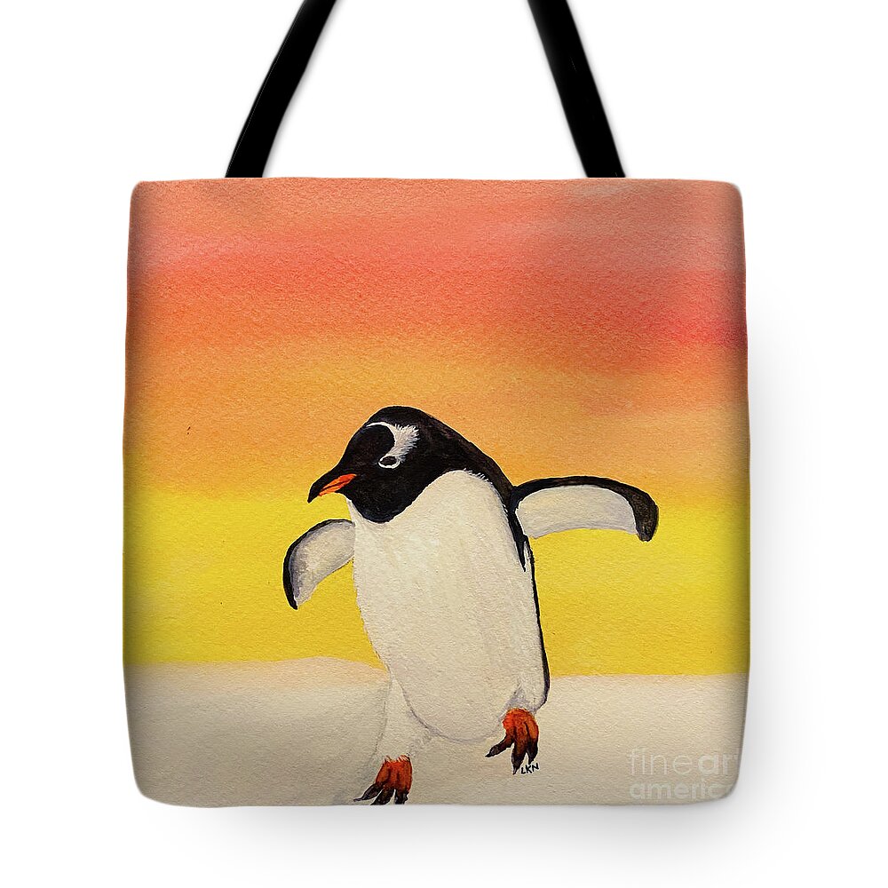 Penguin Tote Bag featuring the painting Penguin at Sunset by Lisa Neuman