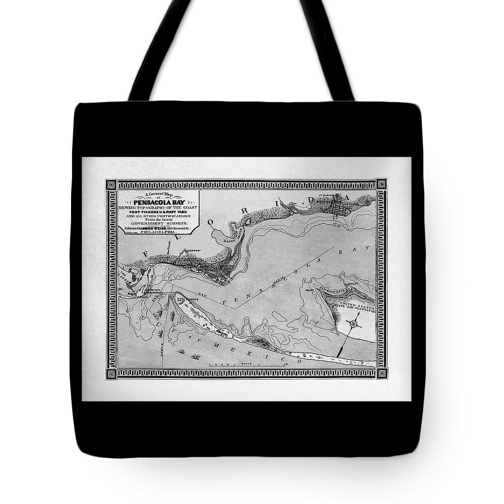 Florida Map Tote Bag featuring the photograph Pensacola Bay Florida Vintage Map 1860 Black and White by Carol Japp
