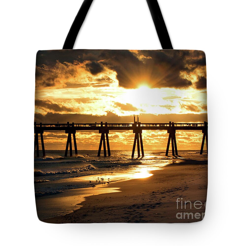Sun Tote Bag featuring the photograph Pensacola Beach Fishing Pier at Sunset by Beachtown Views