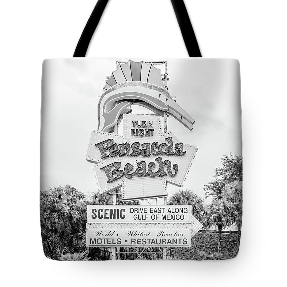 2018 Tote Bag featuring the photograph Pensacola Beach Sign Black and White Photo by Paul Velgos