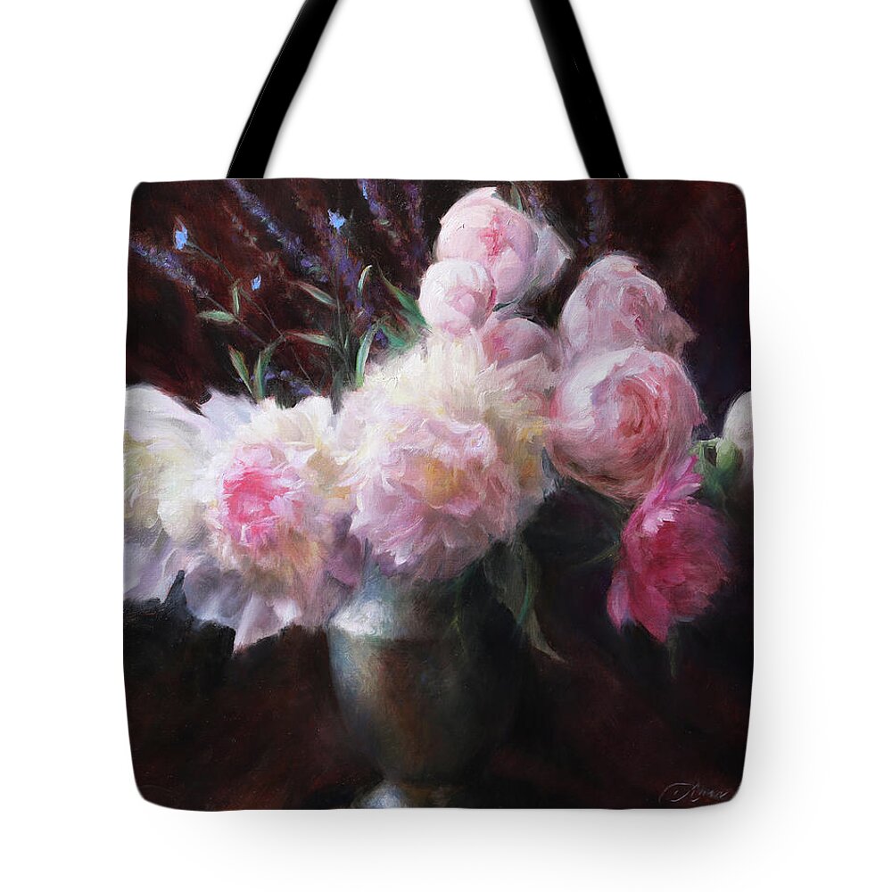 Peonies Tote Bag featuring the painting Peonies and Purple Sage by Anna Rose Bain