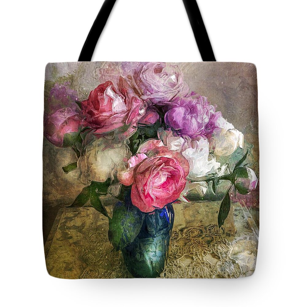 Floral Bouquet Tote Bag featuring the digital art Peonies and Roses by Alexis Rotella
