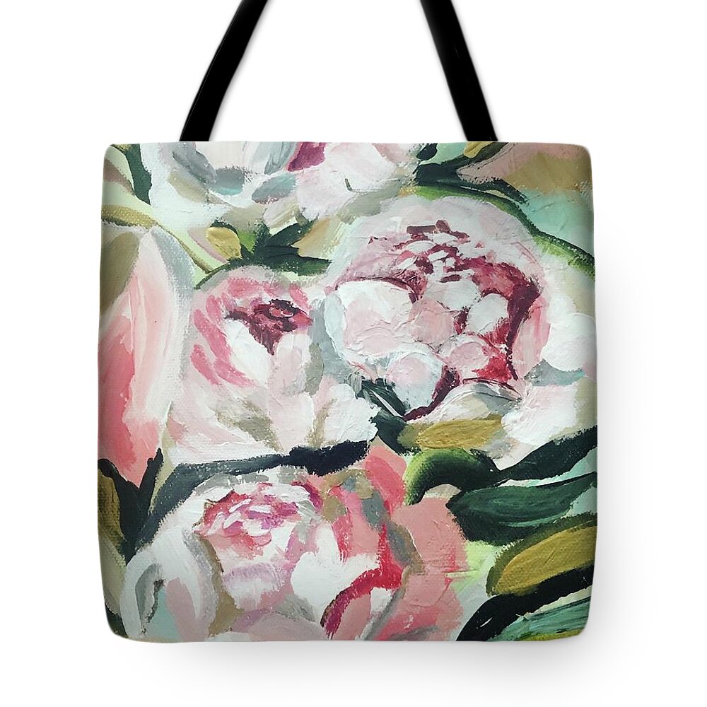 Blooms Peonies Flowers Florals Leaves Spring Summer Pink Tote Bag featuring the painting Peonies by Meredith Palmer