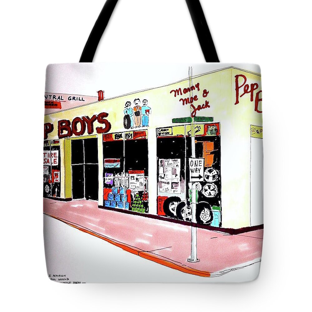 Graphic Tote Bag featuring the drawing Pep Boys by William Renzulli