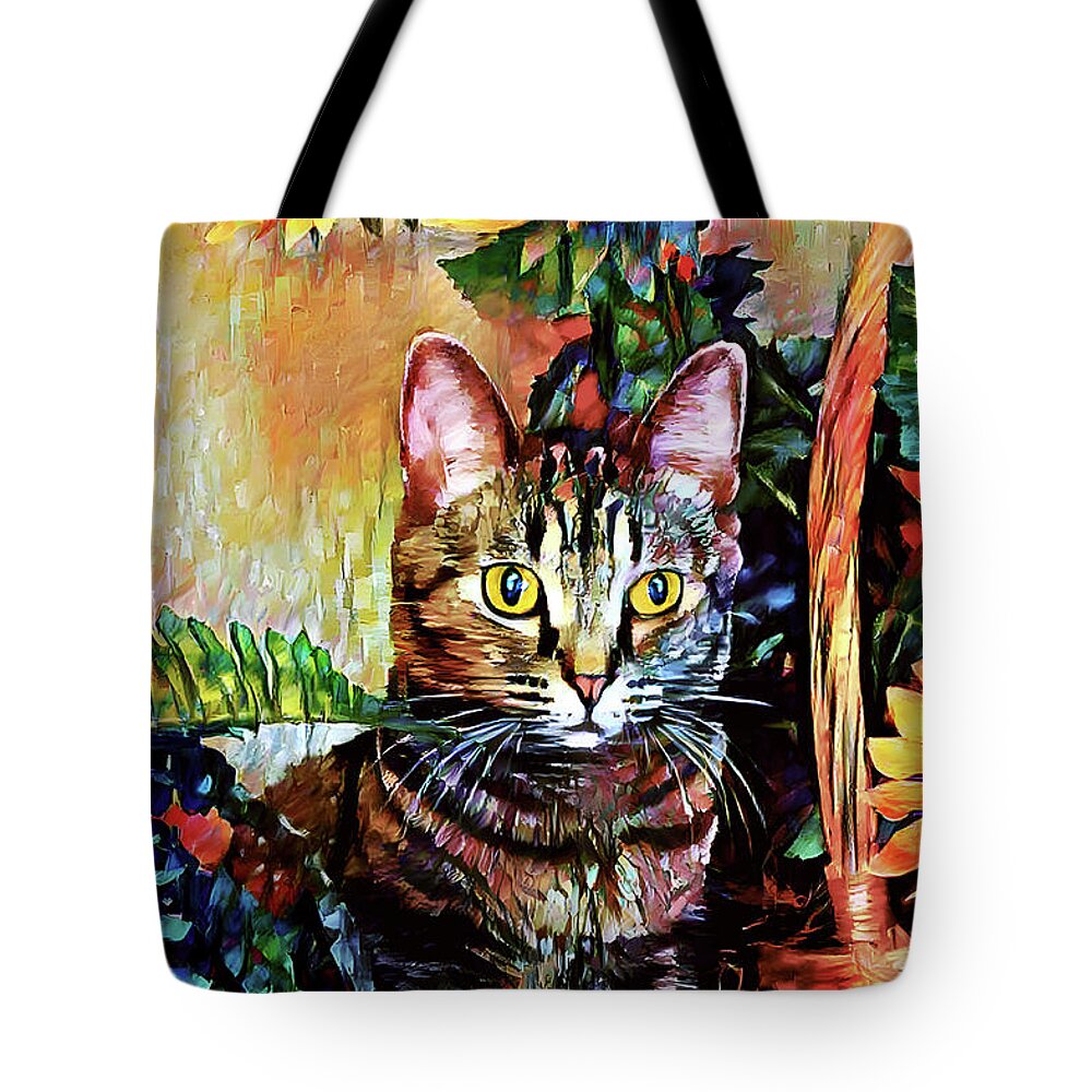Bengal Cats Tote Bag featuring the digital art Pepper the Bengal Tabby Cat with Sunflowers by Peggy Collins