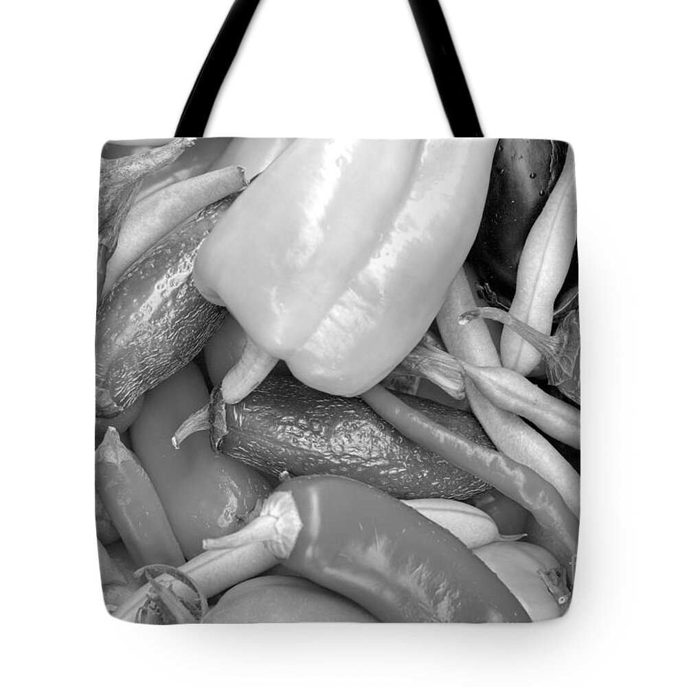 Peppers Tote Bag featuring the photograph Peppers And Eggplants Black And White by Adam Jewell