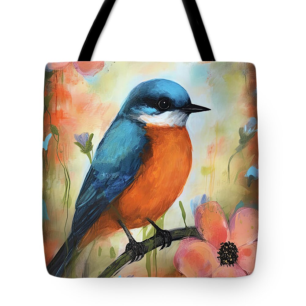 Bluebird Tote Bag featuring the painting Perched On The Poppies by Tina LeCour