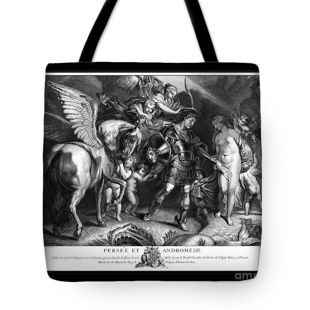Perseus And Andromeda Tote Bag featuring the painting Perseus and Andromeda by Engraver Pierre Francois Tardieu Classical Art Reproduction by Rolando Burbon
