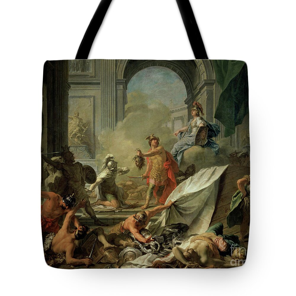 Peresus Tote Bag featuring the painting Perseus, Under The Protection Of Minerva, Turns Phineus To Stone By Brandishing The Head Of Medusa by Jean-Marc Nattier