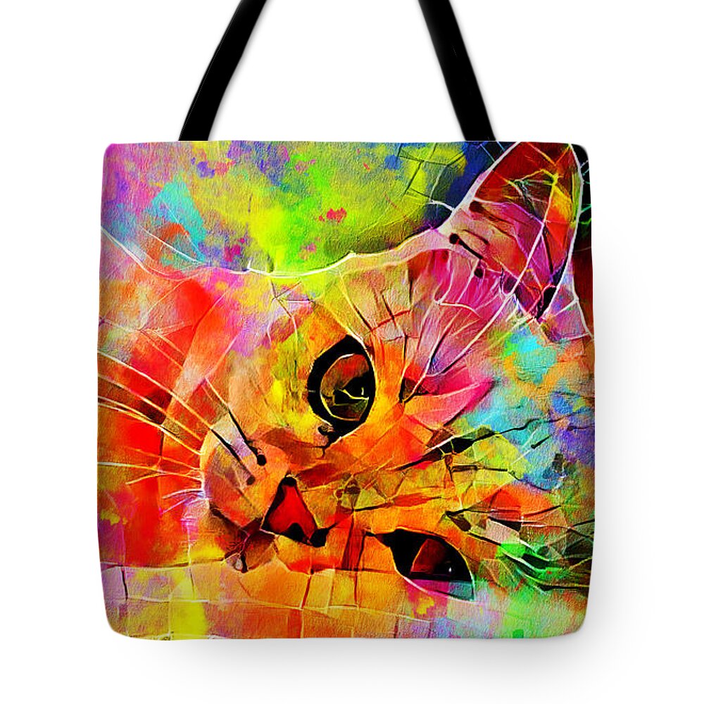 Persian Cat Tote Bag featuring the digital art Persian cat relaxing - colorful irregular tiles mosaic effect by Nicko Prints