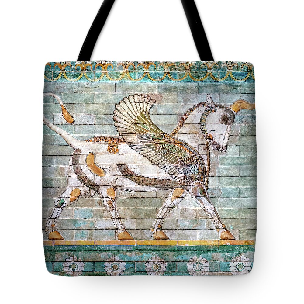 Persian Bull Tote Bag featuring the photograph Persian Winged Bull by Weston Westmoreland