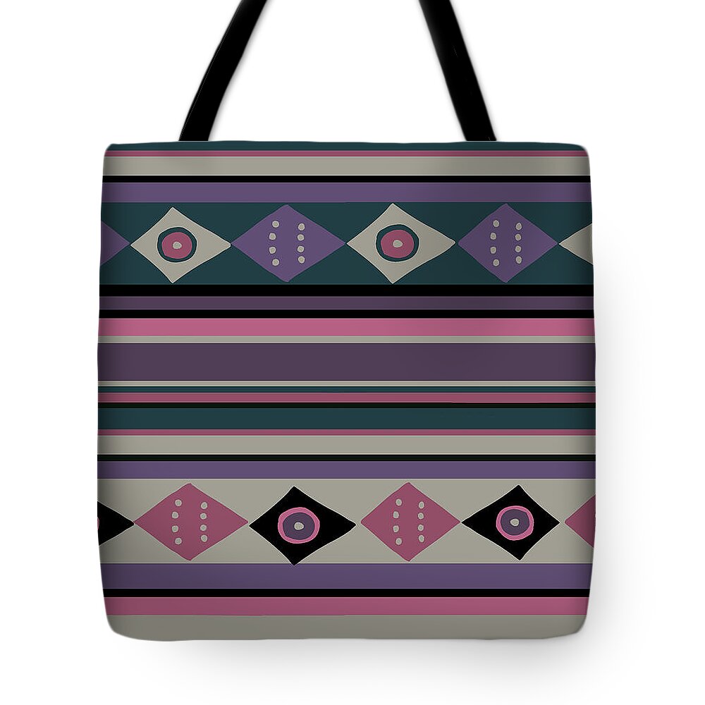 Peruvian Inca Tote Bag featuring the digital art Peruvian Inca Ethnic Stripes - GrayGreen Ivory Pink by Vagabond Folk Art - Virginia Vivier