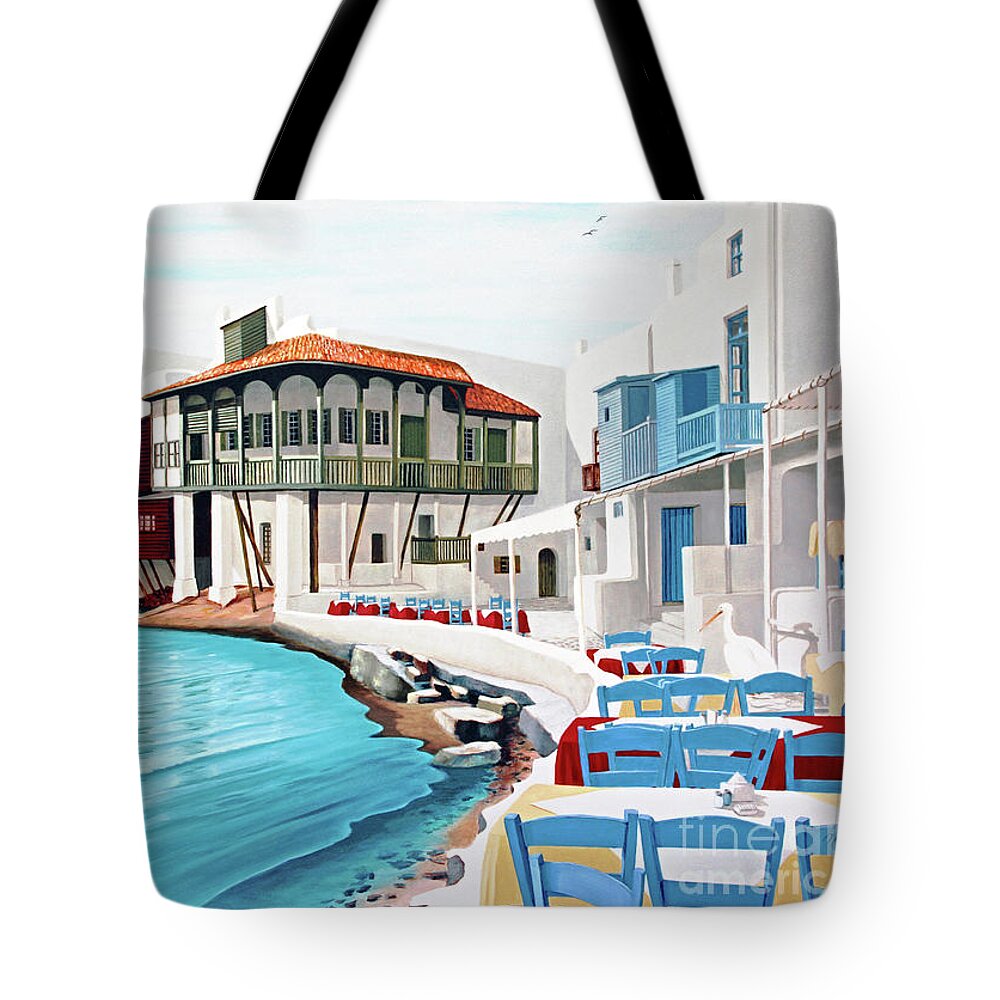 Mykonos Tote Bag featuring the painting PETROS IN MYKONOS - prints of oil painting by Mary Grden