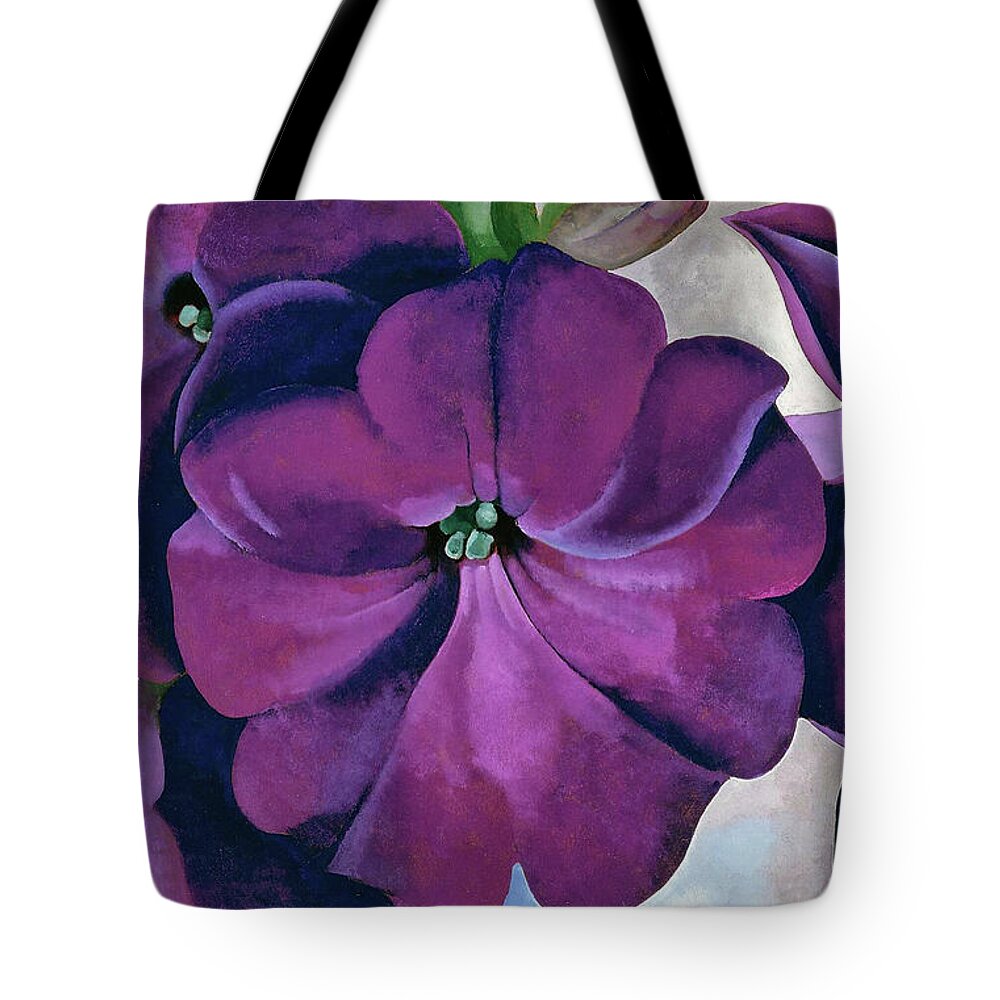 Georgia O'keeffe Tote Bag featuring the painting Petunias - Modernist purple flower painting by Georgia O'Keeffe