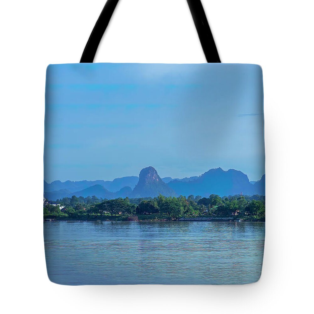Scenic Tote Bag featuring the photograph Phanom Naga Park Mekong River and Mountains in Laos DTHNP0311 by Gerry Gantt
