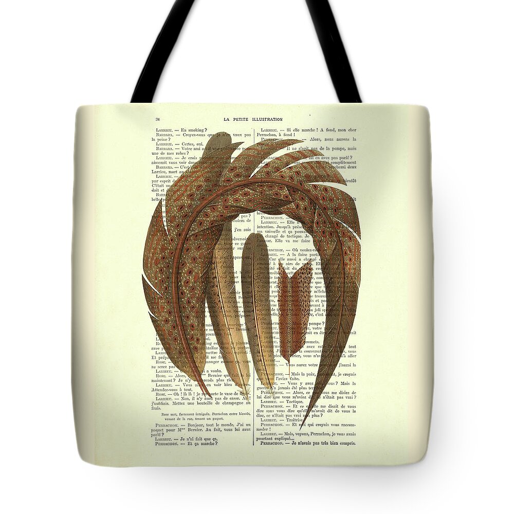Pheasant Tote Bag featuring the mixed media Pheasant feathers on antique book page by Madame Memento