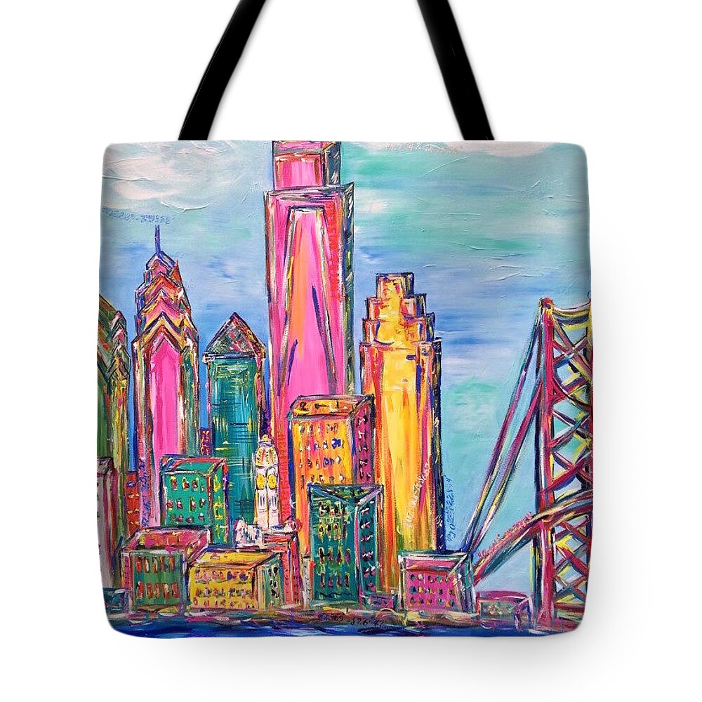Philly Tote Bag featuring the painting Philadelphia Skyline Bright Colors by Britt Miller