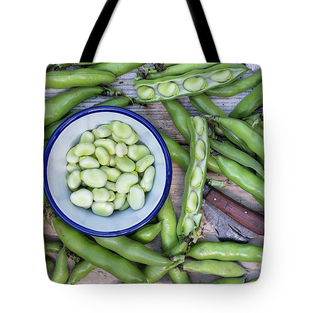 Broad Beans Tote Bag featuring the photograph Picked broad beans and bowl by Tim Gainey