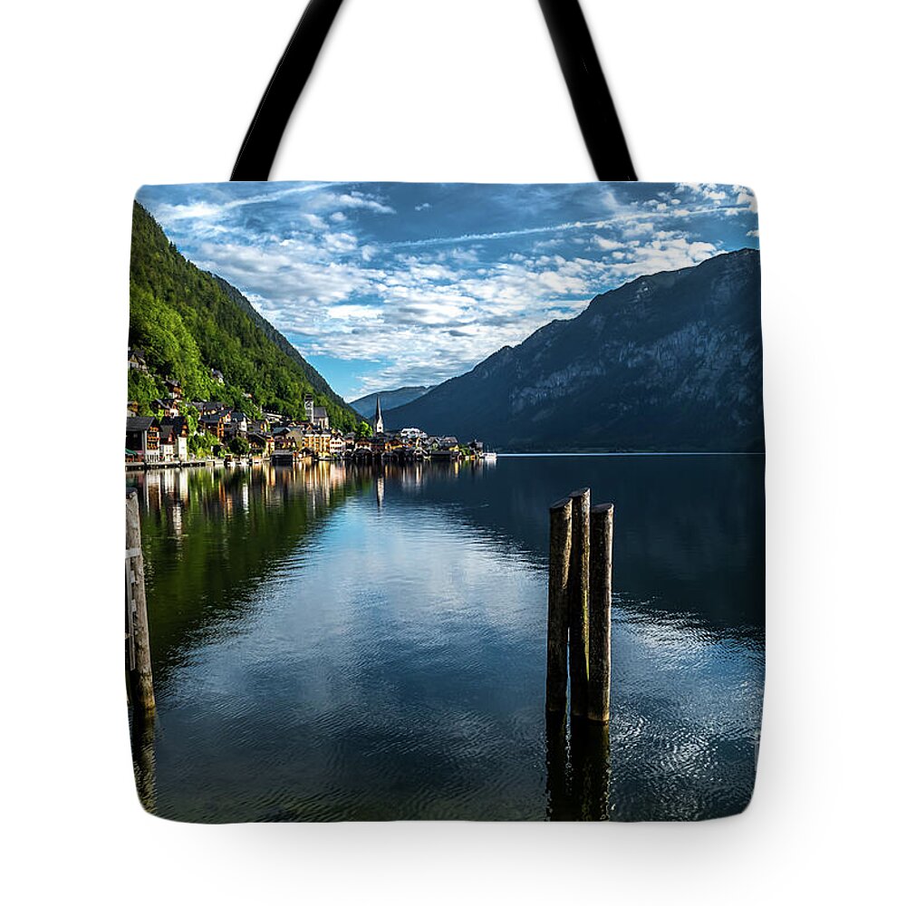 Austria Tote Bag featuring the photograph Picturesque Lakeside Town Hallstatt At Lake Hallstaetter See In Austria by Andreas Berthold