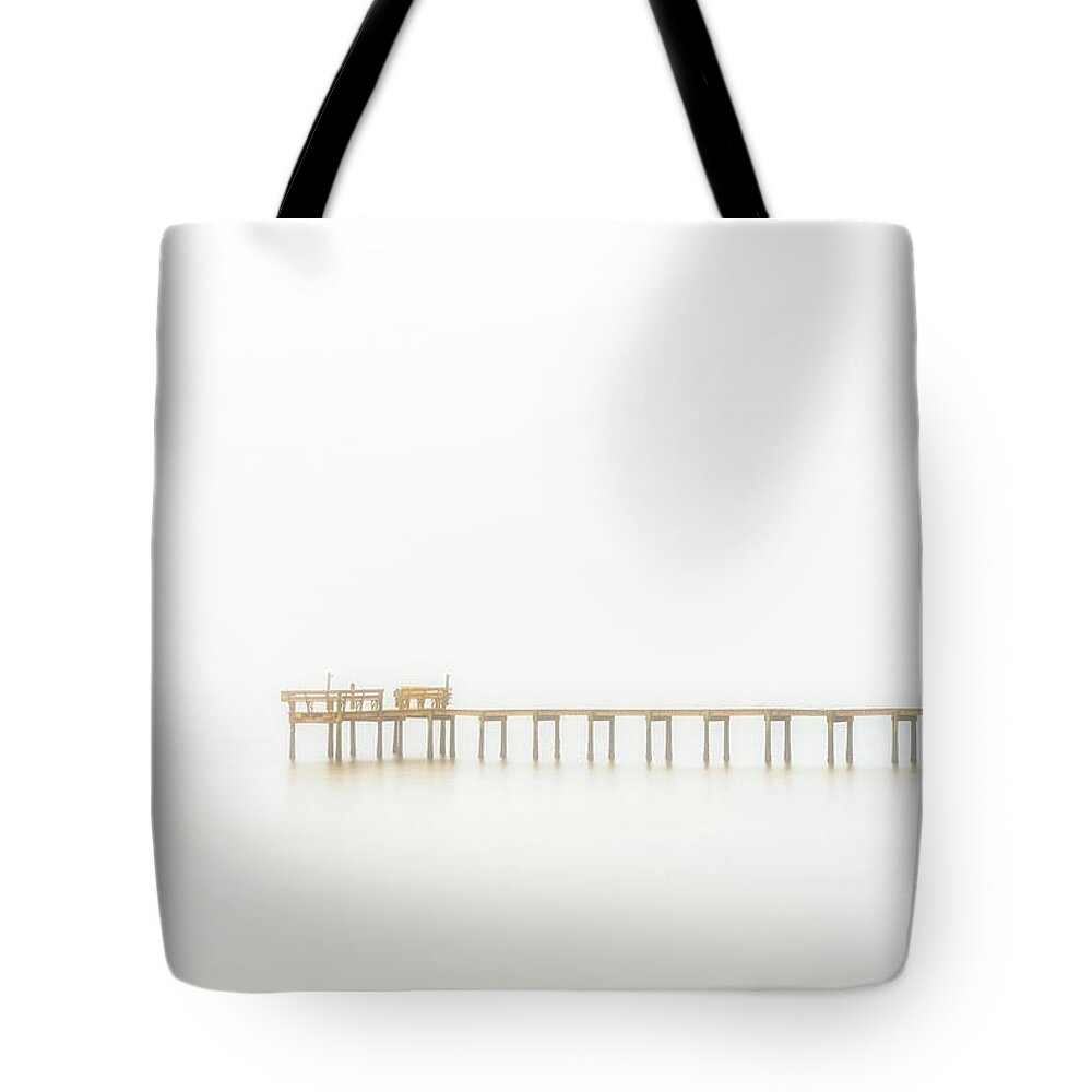 Fog Tote Bag featuring the photograph Pier In Fog - A Photography Fine Art Minimalist by DB Hayes