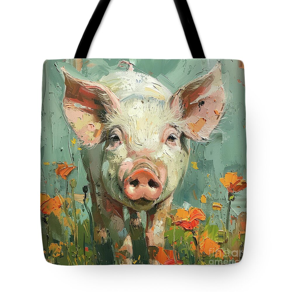 Pig Tote Bag featuring the painting Piggy In The Poppies by Tina LeCour