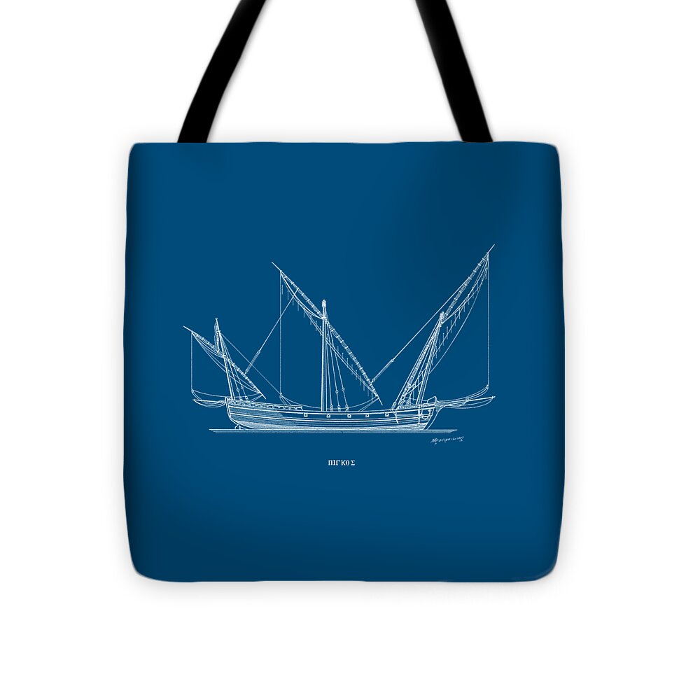 Sailing Vessels Tote Bag featuring the drawing Pigos - traditional Greek sailing ship - Blueprint by Panagiotis Mastrantonis
