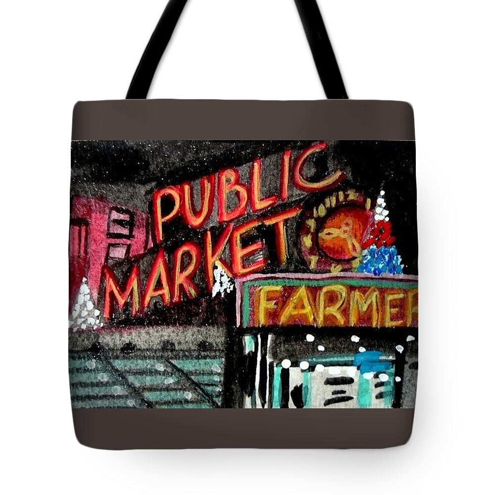 Pike's Place Market Tote Bag featuring the drawing Pike's Place Market At Night by Monica Resinger